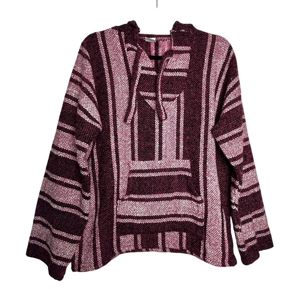 Baja Hoodie Vintage M Pullover Woven Pink Burgundy Striped Mexican Poncho